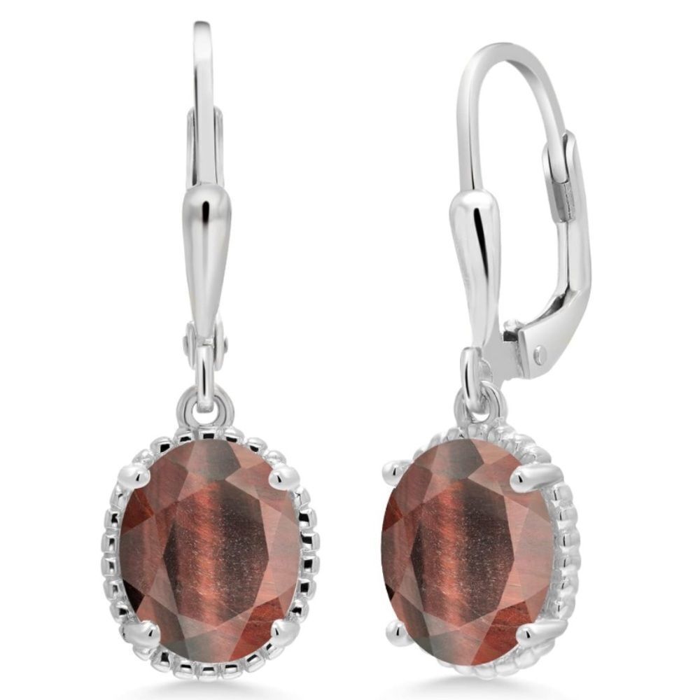 925 Sterling Silver with 3.00 Cttw Red Tiger Eye Oval Leverback Hook Earrings